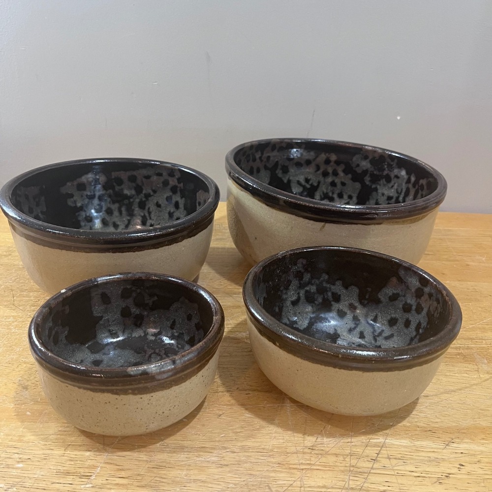 Vtg Studio Pottery Nesting Bowls‎ Set 4 Signed Rustic Stoneware Brown Speckled